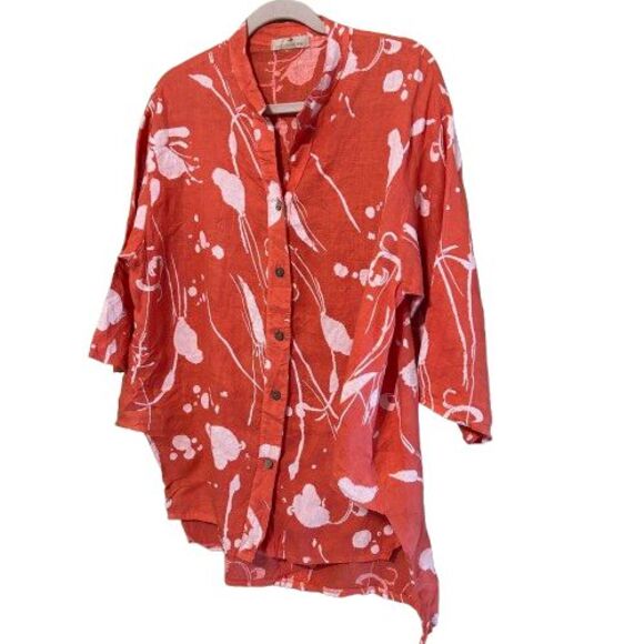 Lands Downunder 100% Linen Button Up Tunic Top Womens Medium Abstract  Artsy - Picture 2 of 9